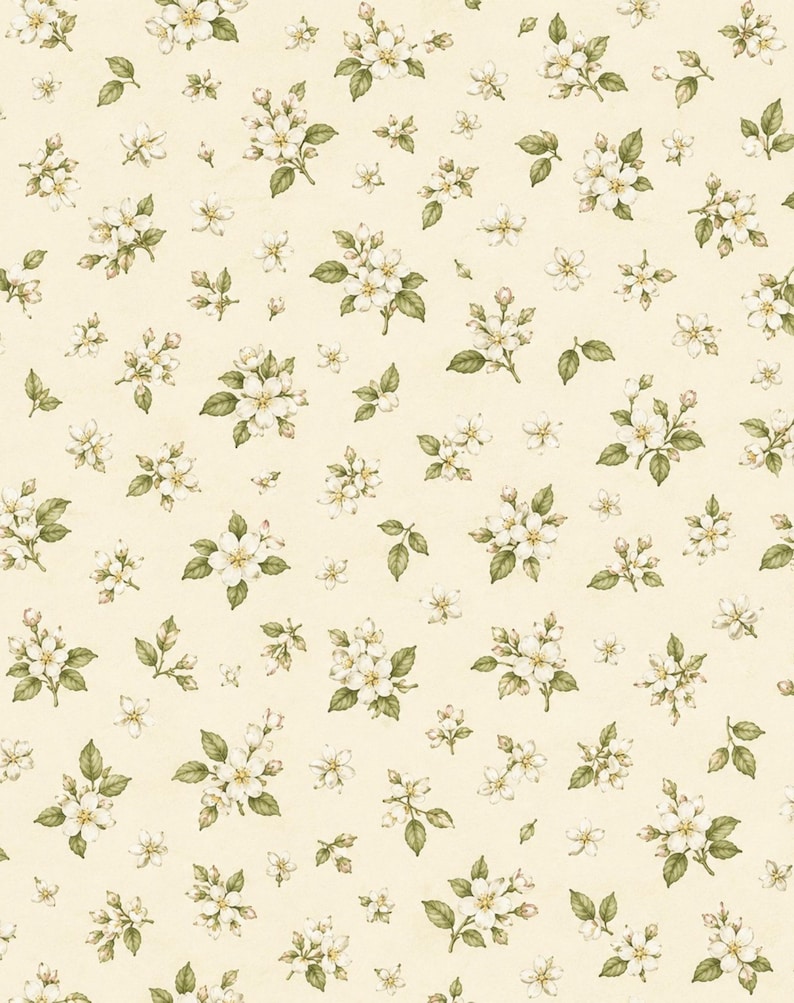 Peut inclure: Un tissu de couleur cr&egrave;me claire pr&eacute;sentant un motif r&eacute;p&eacute;titif de petites fleurs de pommier blanches aux centres jaunes et aux feuilles vertes. Le motif floral est dispers&eacute; sur la surface en diff&eacute;rentes tailles, cr&eacute;ant un imprim&eacute; botanique dense.