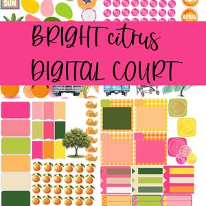 Könnte beinhalten: Ein digitales Planer-Sticker-Blatt mit einem hellen Zitrus-Thema. Das Blatt enthält Fruchtillustrationen, Kalenderaufkleber und dekorative Elemente in den Farbtönen Rosa, Orange, Grün und Gelb. Der Text enthält die Wochentage und die Worte "BRIGHT citrus DIGITAL COURT".