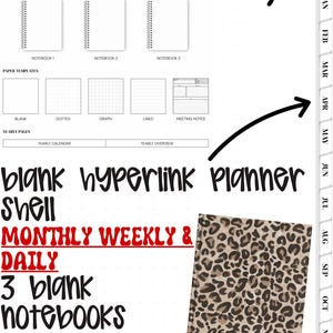 May include: A digital planner interface featuring a January overview, weekly and daily sections, and three blank notebooks. The layout includes paper templates, a leopard print cover graphic, and month tabs from January to December.