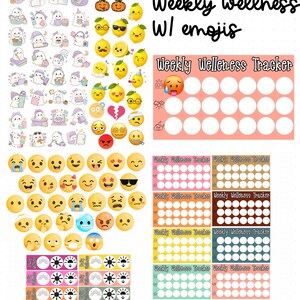 May include: A sticker sheet featuring white ghost characters, orange pumpkins, yellow lemon faces, various yellow emojis, and multiple Weekly Wellness Tracker grids with white circles on colorful backgrounds. The text reads Daily and Weekly wellness W/ emojis.