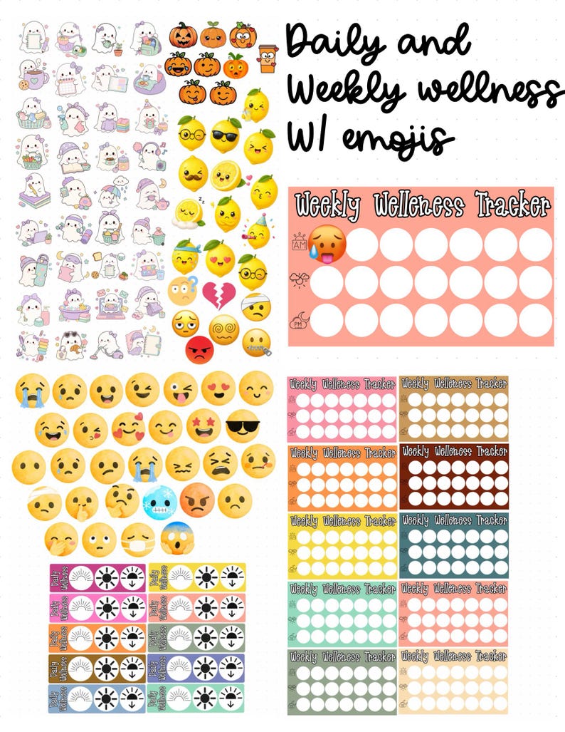 May include: A sticker sheet featuring white ghost characters, orange pumpkins, yellow lemon faces, various yellow emojis, and multiple Weekly Wellness Tracker grids with white circles on colorful backgrounds. The text reads Daily and Weekly wellness W/ emojis.
