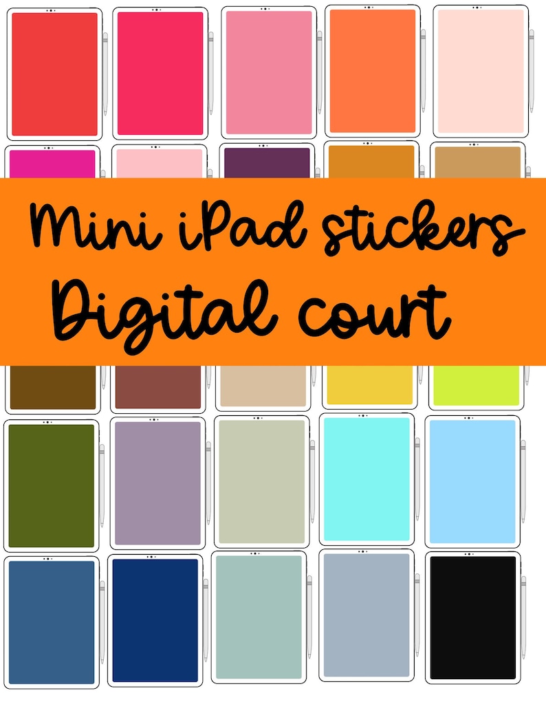 K&ouml;nnte beinhalten: Eine Sammlung farbenfroher Mini-iPad-Aufkleber in verschiedenen Farbt&ouml;nen, darunter Rot, Rosa, Orange und Blau. Die Aufkleber sind in einem Raster angeordnet, mit dem Text "Mini iPad stickers Digital court" in fetter schwarzer Schrift auf orangefarbenem Hintergrund.