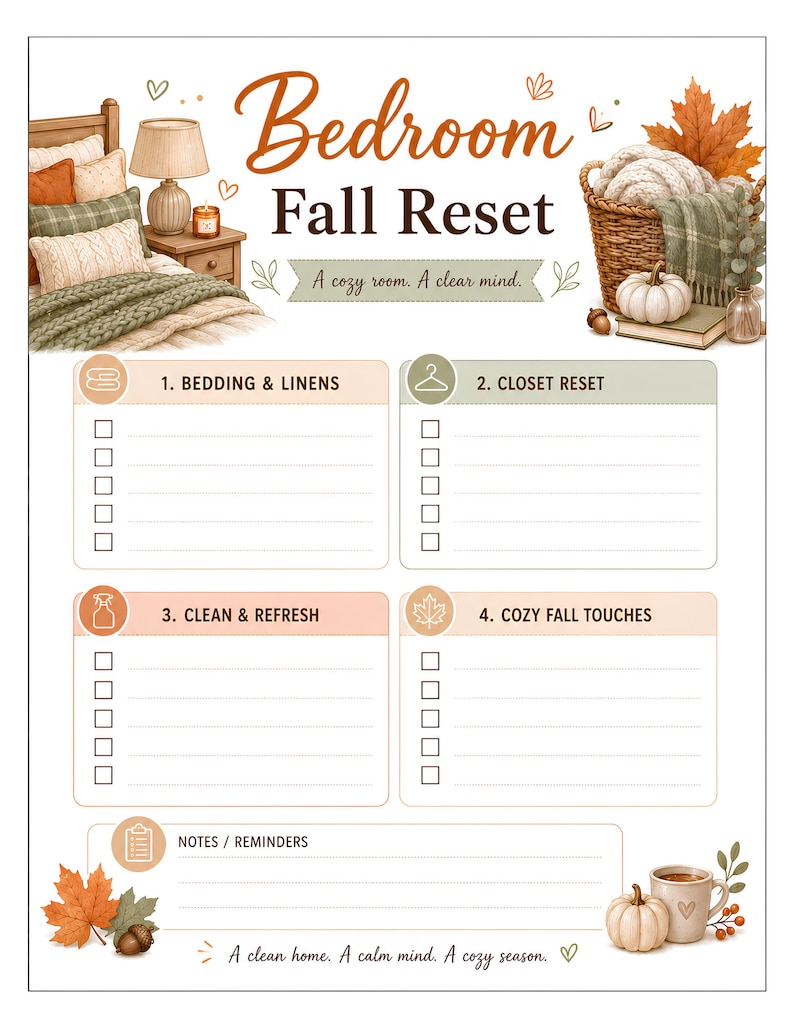 May include: A printable checklist titled Bedroom Fall Reset with four sections: Bedding & Linens, Closet Reset, Clean & Refresh, and Cozy Fall Touches. The design features illustrations of a cosy bed, a basket with blankets, pumpkins, and autumn leaves.