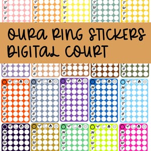 May include: A collection of colorful Oura Ring stickers with a variety of designs. Each sticker sheet features a grid of circles, icons, and the days of the week. The text "OURA RING STICKERS DIGITAL COURT" is displayed in a brown banner.