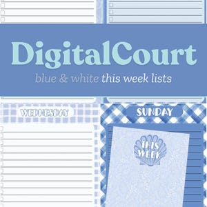 May include: A digital weekly planner with a blue and white color scheme. The planner includes sections for each day of the week, with the days of the week labeled at the top. The text "DigitalCourt" is displayed in the center.