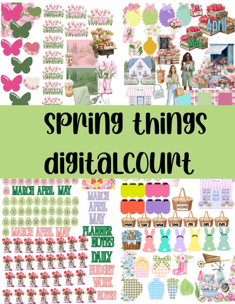 Może przedstawiać: Cyfrowy kolaż o tematyce wiosennej, przedstawiający motyle, kwiaty i tekst "spring things digitalcourt". Zawiera elementy kalendarza, notatki z planowania i dekoracyjne ilustracje.