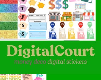 Peut inclure: Autocollants numériques à utiliser dans un agenda ou un journal. Les autocollants présentent une variété d'images sur le thème de l'argent, notamment des tirelires, des signes de dollars, des distributeurs automatiques de billets et un chèque bancaire. Les autocollants sont de différentes couleurs, notamment le rose, le bleu, le vert, le jaune et l'orange.