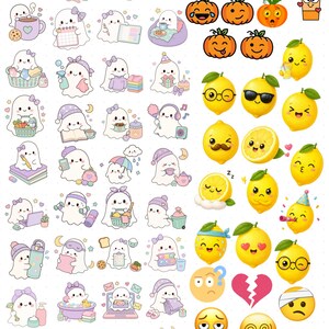 May include: A sticker sheet featuring numerous small illustrations of white ghosts in various activities, alongside orange pumpkins, yellow lemons with facial expressions, and several circular emoji icons depicting different emotions and symbols.