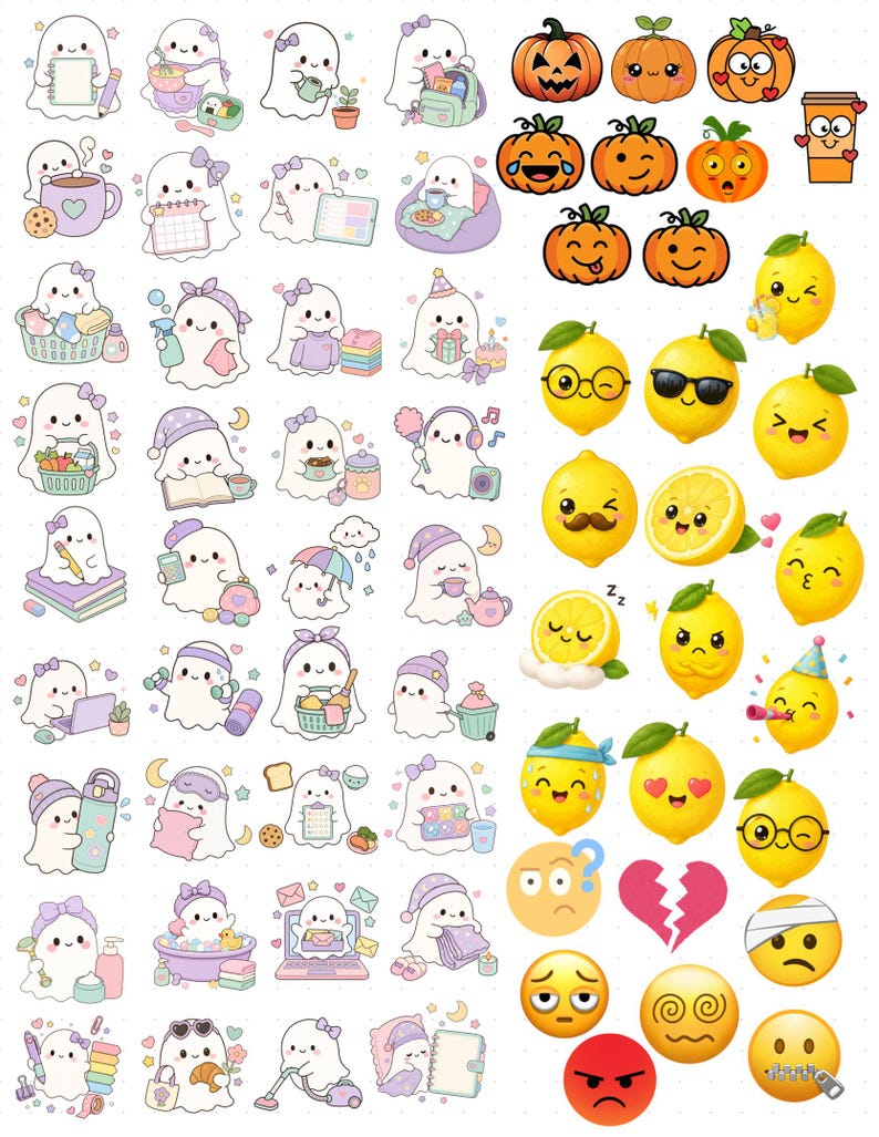 May include: A sticker sheet featuring numerous small illustrations of white ghosts in various activities, alongside orange pumpkins, yellow lemons with facial expressions, and several circular emoji icons depicting different emotions and symbols.