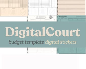 Peut inclure: Modèle de budget et autocollants numériques Digital Court. L'image montre un gros plan du texte "Digital Court" avec les mots "budget template" et "digital stickers" en dessous. L'image montre également une partie d'un planificateur numérique avec une section intitulée "Grocery".