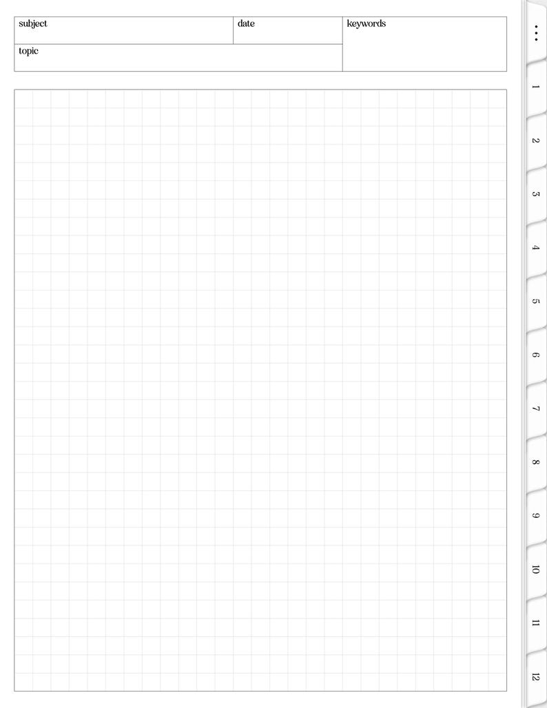 May include: A white notebook with a grid pattern on the pages. The top section has fields labeled "subject", "date", and "keywords". The word "topic" is also visible. The notebook has numbered tabs along the side.