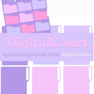 May include: Purple and pink digital folder stickers with the text "My Folders" and "DigitalCourt" and the words "hyperlinked goodnote folder digital stickers".