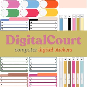May include: A set of digital stickers for computer use. The stickers feature various shapes, colors, and designs, including toggle switches, search bars, and dividers. The text "DigitalCourt computer digital stickers" is displayed at the bottom of the image.
