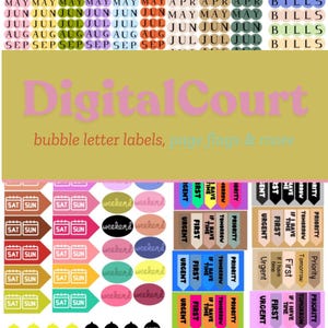 May include: A collection of colorful planner stickers and labels. Includes labels with months, days, and phrases like "Urgent," "Priority," and "Weekend." The text "Digital Court" is also visible.