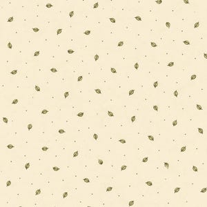 Peut inclure: Un tissu de couleur cr&egrave;me claire pr&eacute;sentant un motif r&eacute;p&eacute;titif de petites feuilles vert olive et de minuscules points brun fonc&eacute; dispers&eacute;s uniform&eacute;ment sur la surface. Le design se compose de motifs de feuilles individuels entrecoup&eacute;s de points.