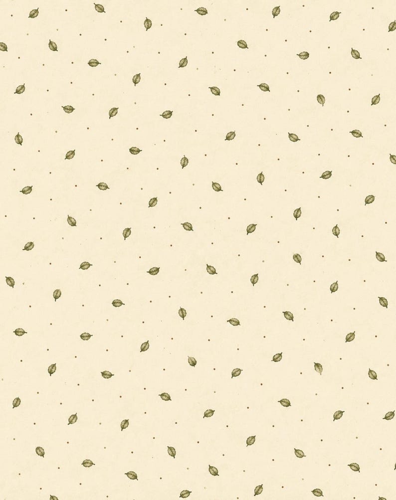 Peut inclure: Un tissu de couleur cr&egrave;me claire pr&eacute;sentant un motif r&eacute;p&eacute;titif de petites feuilles vert olive et de minuscules points brun fonc&eacute; dispers&eacute;s uniform&eacute;ment sur la surface. Le design se compose de motifs de feuilles individuels entrecoup&eacute;s de points.