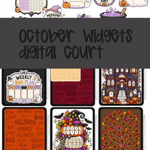 以下が含まれることがあります： ハロウィーンをテーマにしたデジタルプランナー用ステッカーとウィジェットのコレクション。習慣トラッカー、10月の目標、ノー・スペンド・デイのアイコン、月間概要、週間プラン、カボチャや幽霊が描かれたカウントダウンカレンダーなどが含まれています。