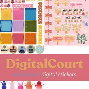 May include: Digital stickers with a winter theme. Includes decorative elements like snowflakes, snowmen, and signs for daily planning. The text includes "Winter is Coming" and "December".