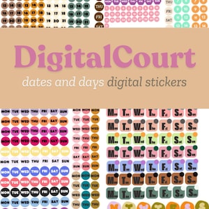 Op de afbeelding: Digitale stickers voor planning en organisatie. De stickers hebben verschillende kleuren, vormen en ontwerpen, waaronder cirkels, vierkanten en afgeronde rechthoeken. De stickers bevatten de dagen van de week en nummers voor datums.
