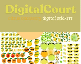 May include: A set of digital stickers featuring lemons, limes, and oranges. The stickers include numbers, days of the week, and time blocks. The stickers are perfect for planners, journals, and other creative projects.