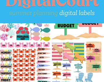 May include: A set of digital planner stickers with a summer beach theme. The stickers feature various beach-themed illustrations, including seashells, starfish, crabs, fish, and beach chairs. The stickers also include text labels for days of the week, months, and other planner categories. The text includes "Memorial Day", "Budget", "To Do", "Work Tasks", "Notes", "Reminders", "To Buy", "Restock", "Don't Forget", "Today's Workout", "This Month", "This Week", "June", "July", "August", "May", "Monday", "Tuesday", "Wednesday", "Thursday", "Friday", "Saturday", "Sunday", and "Beach".