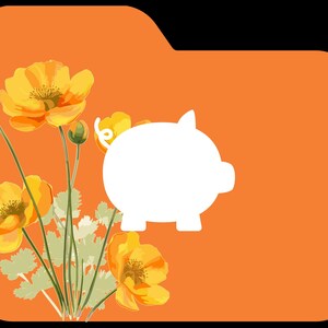 Peut inclure: Un dossier orange avec une silhouette de tirelire blanche au centre. Le dossier est d&eacute;cor&eacute; de fleurs jaunes.