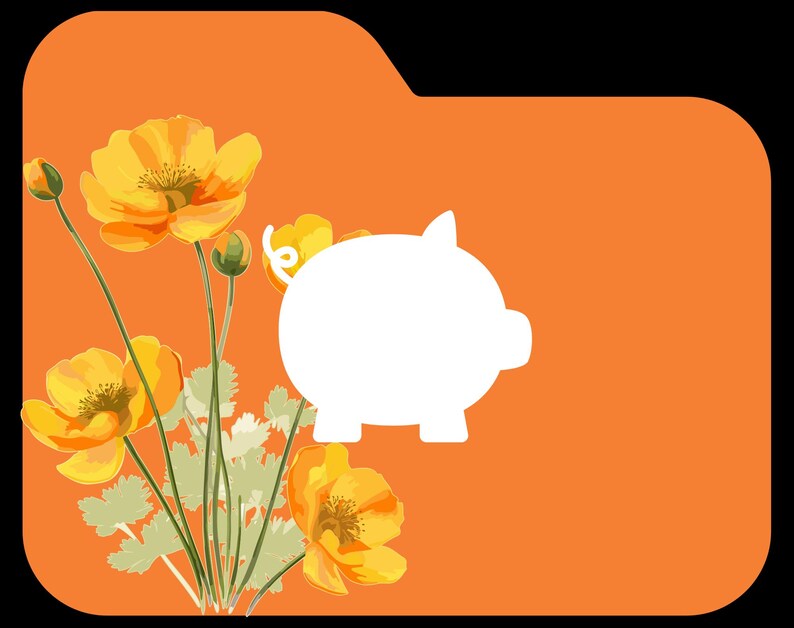 Peut inclure: Un dossier orange avec une silhouette de tirelire blanche au centre. Le dossier est d&eacute;cor&eacute; de fleurs jaunes.