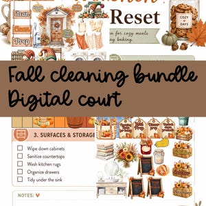 May include: A digital fall cleaning bundle featuring a Kitchen Reset theme with autumn-inspired illustrations including pumpkins, sunflowers, and cozy kitchen items. The document includes checklists for surfaces and storage, notes, and seasonal graphics.