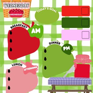 May include: A printable daily meal planner with a green gingham background. The planner has sections for breakfast, lunch, dinner, and a today's goal section. The planner is decorated with a basket of strawberries, a strawberry, and a jar of jam.