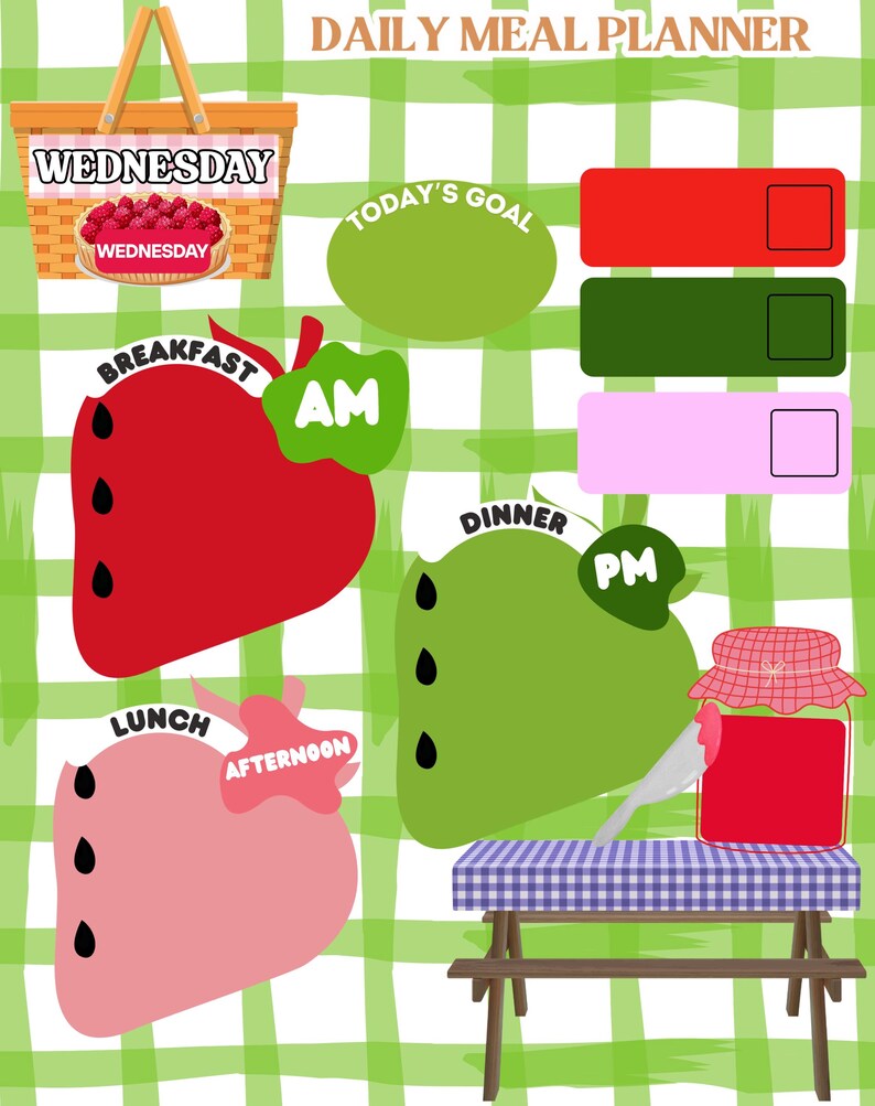 May include: A printable daily meal planner with a green gingham background. The planner has sections for breakfast, lunch, dinner, and a today's goal section. The planner is decorated with a basket of strawberries, a strawberry, and a jar of jam.