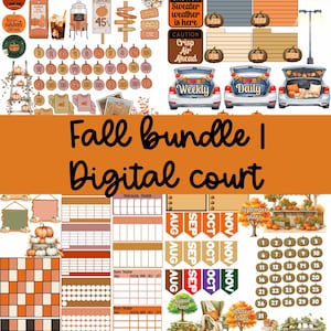 May include: A digital sticker bundle featuring autumn-themed graphics including pumpkins, fall foliage, calendars, daily planners, and seasonal text labels like Fall Ahead and Sweater weather. The collection includes various charts, trackers, and icons.