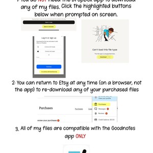 May include: DigitalCourt Download Tips & Reminders: You do NOT need the Dropbox app to download any of my files. Click the highlighted buttons below when prompted on screen. You can return to Etsy at any time (on a browser, not the app) to re-download any of your purchased files. All of my files are compatible with the Goodnotes app ONLY.