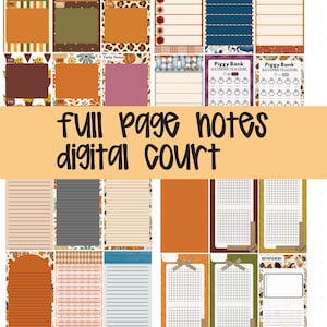 May include: A collection of digital planner inserts featuring autumn-themed designs, including daily schedules, lined note pages, grid layouts, and piggy bank savings trackers. The text "full page notes digital court" is overlaid across the center.