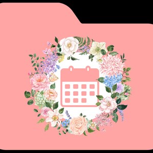 Peut inclure: Une ic&ocirc;ne de calendrier blanche entour&eacute;e d'une couronne de fleurs roses, blanches et violettes avec des feuilles vertes.