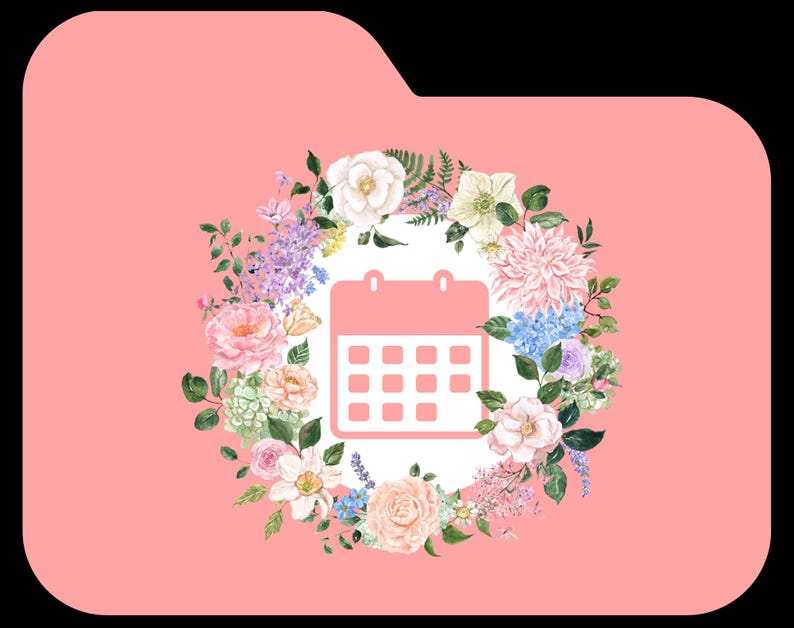 Peut inclure: Une ic&ocirc;ne de calendrier blanche entour&eacute;e d'une couronne de fleurs roses, blanches et violettes avec des feuilles vertes.