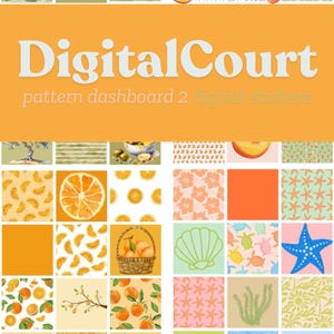 May include: A collection of digital stickers and pattern dashboard designs. The image features a variety of patterns, including oranges, peaches, floral, and sea-themed elements. The text "DigitalCourt" is displayed prominently, along with the phrase "pattern dashboard 2 digital stickers."