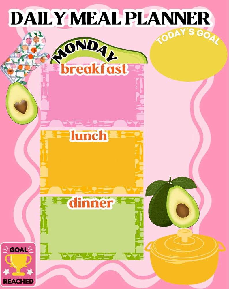 May include: A pink and green daily meal planner with a yellow pot, avocado illustrations, and the text "MONDAY" and "TODAY'S GOAL".
