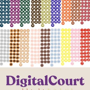 Peut inclure: Un ensemble de 31 autocollants ronds de date en différentes couleurs, notamment bleu marine, marron, bleu clair, jaune, rose et rouge. Chaque autocollant présente un numéro blanc de 1 à 31.