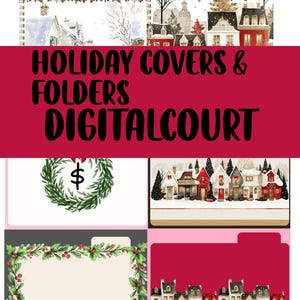 May include: Holiday-themed covers and folders with winter village and poinsettia designs. The text "HOLIDAY COVERS & FOLDERS DIGITALCOURT" is displayed in large, black letters. The covers and folders feature festive illustrations and a wreath with a dollar sign.
