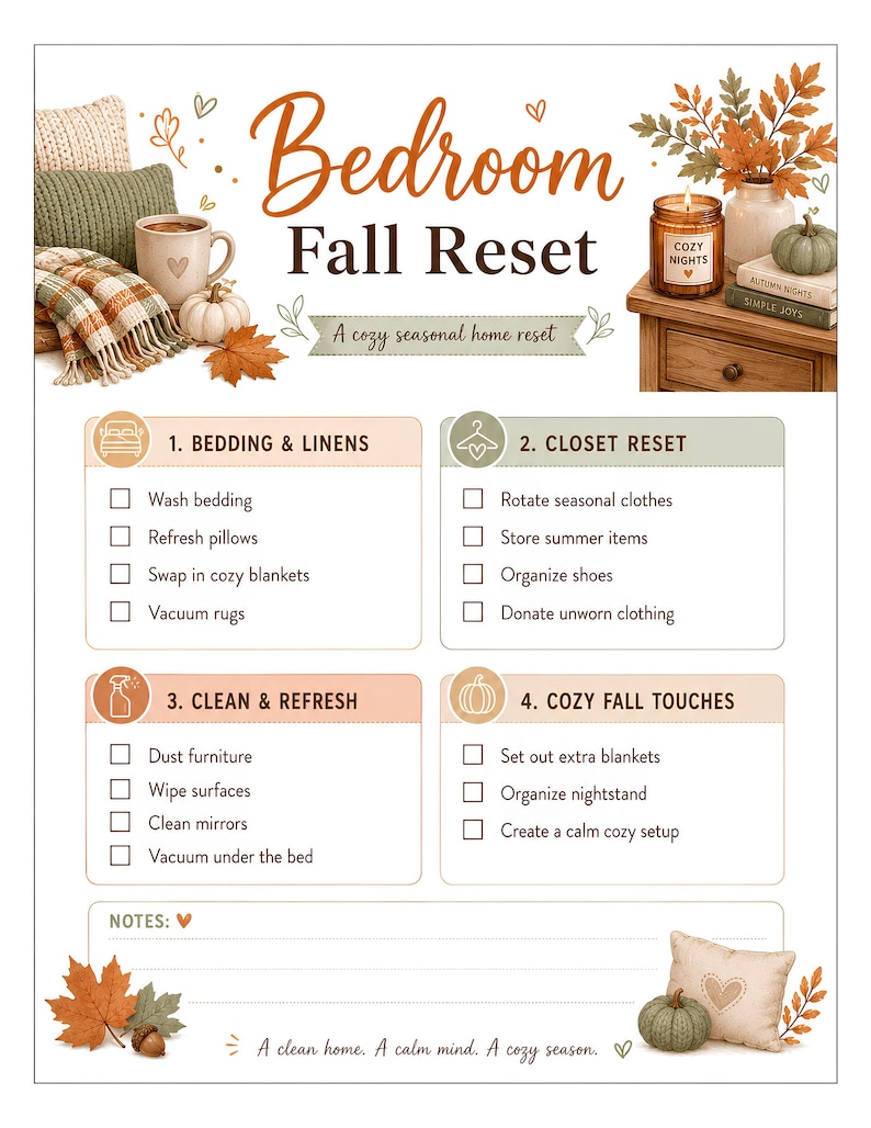 May include: A Bedroom Fall Reset checklist featuring four sections: Bedding & Linens, Closet Reset, Clean & Refresh, and Cozy Fall Touches. The document includes illustrations of autumn leaves, pumpkins, a candle, and a mug, with a notes section.