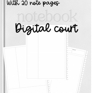 May include: A digital notebook with lined pages. The notebook includes the text "12 subject hyperlink notebook With 20 note pages" and "Digital court". The pages have a tabbed index for easy organization.