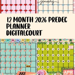 May include: A digital planner with a variety of colorful monthly calendar pages. The planner includes the text "12 MONTH 2026 PREDEC PLANNER DIGITALCOURT". Each month has a unique design, with hearts, flowers, and other decorative elements.