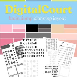 May include: A printable digital planner page with a gray and white color scheme. The page is divided into sections for daily tasks, weekly plans, brain dumps, and notes. The page also includes a section for a schedule and a section for kids' activities. The text "DigitalCourt" is at the top of the page.
