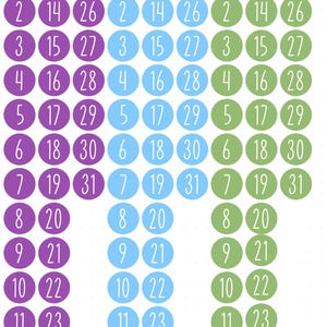 May include: A collection of circular stickers arranged in three vertical colour-coded columns of purple, light blue, and green. Each sticker features a white handwritten-style number ranging from 1 to 31, organised in sequential order.