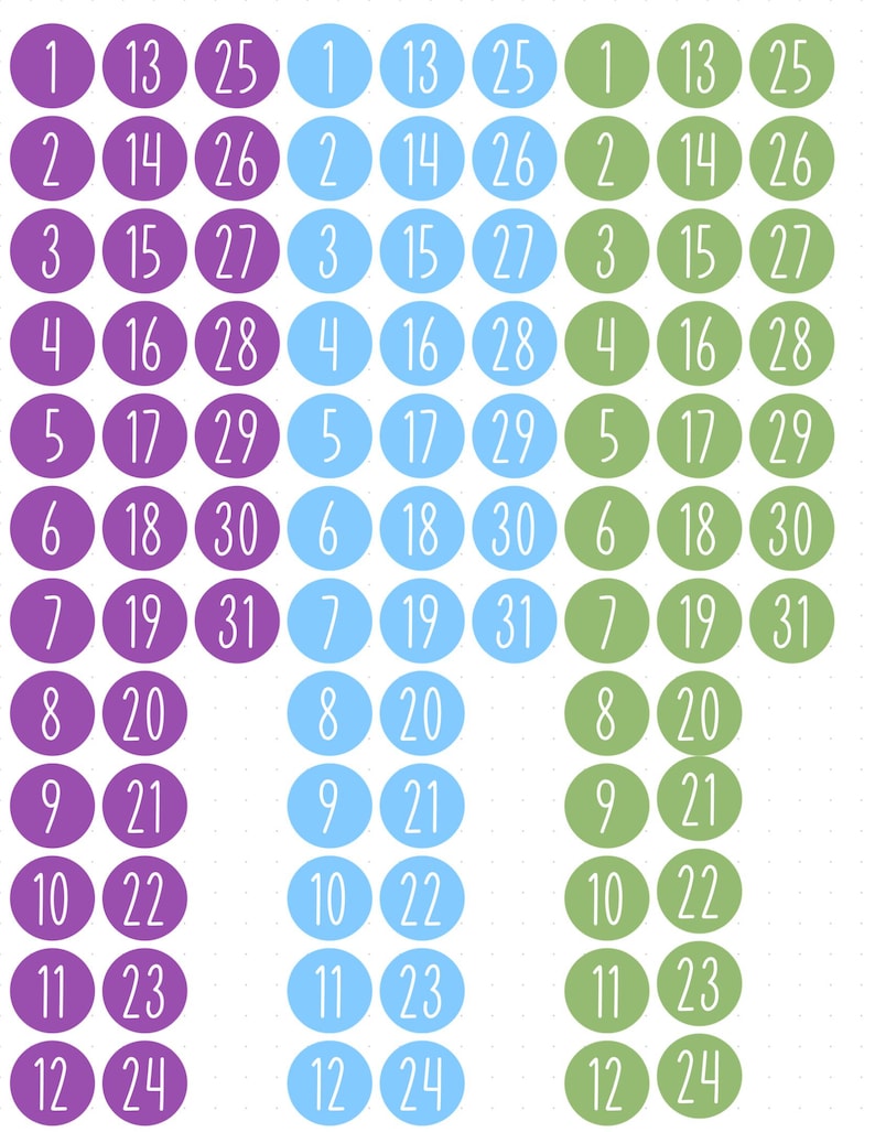 May include: A collection of circular stickers arranged in three vertical colour-coded columns of purple, light blue, and green. Each sticker features a white handwritten-style number ranging from 1 to 31, organised in sequential order.