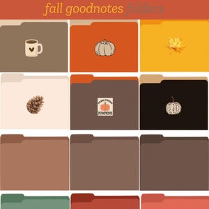 May include: Set of 12 digital Goodnotes folders with fall themes. The folders feature images of a coffee cup, pumpkin, leaf, pine cone, pumpkin with text "Farm Fresh Pumpkins", pumpkin with white dots, brown, orange, yellow, black, beige, green, red, and coral colors.