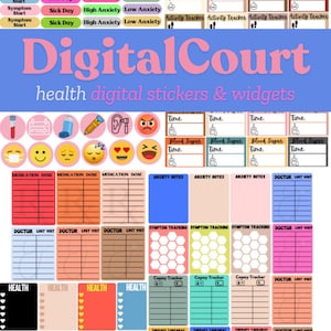 以下が含まれることがあります： 健康追跡のためのデジタルステッカーとウィジェットのセット。ステッカーは、薬の服用量トラッカー、不安のメモ、症状の追跡、共済費トラッカー、セラピーの持ち帰り、医師の訪問ログなど、さまざまなデザインが特徴です。ウィジェットはカラフルで、ハート、六角形、正方形など、さまざまなデザインが特徴です。