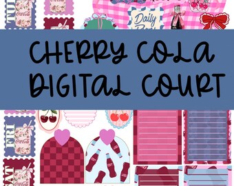 May include: A digital collage with a cherry cola theme. Includes stamps with Coca-Cola cans, daily planner notes, and decorative elements. The text "Cool!" and "Cherry Cola Digital Court" are also present. The color palette is pink, red, and blue.