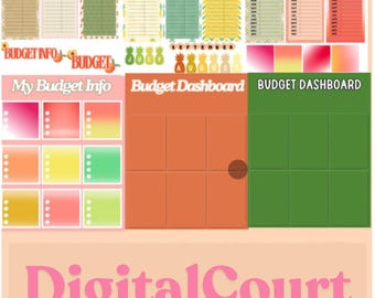 Peut inclure: Un ensemble d'autocollants numériques pour la budgétisation avec un thème de couleur pêche. Les autocollants présentent une variété de catégories liées au budget, notamment "Budget Info", "My Budget Info", "Budget Dashboard", "Dépenses hebdomadaires", "Revenus mensuels", "Dépenses à venir", "Frais récurrents" et "Septembre", "Août" et "Juillet".