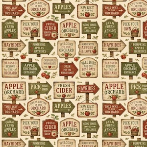 Peut inclure: Un motif r&eacute;p&eacute;titif de divers panneaux en bois sur fond clair, pr&eacute;sentant des textes tels que Apple Orchard, Fresh Cider, Hayrides et Pick Your Own, d&eacute;cor&eacute;s d'illustrations de pommes rouges, de feuilles vertes et de petits paniers.